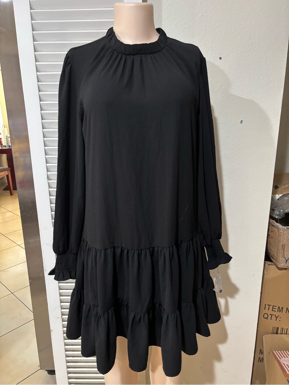 Nine West Black Long-Sleeve Ruffle Tiered Dress